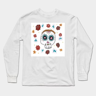 Sugar Skull and Roses white background Long Sleeve T-Shirt